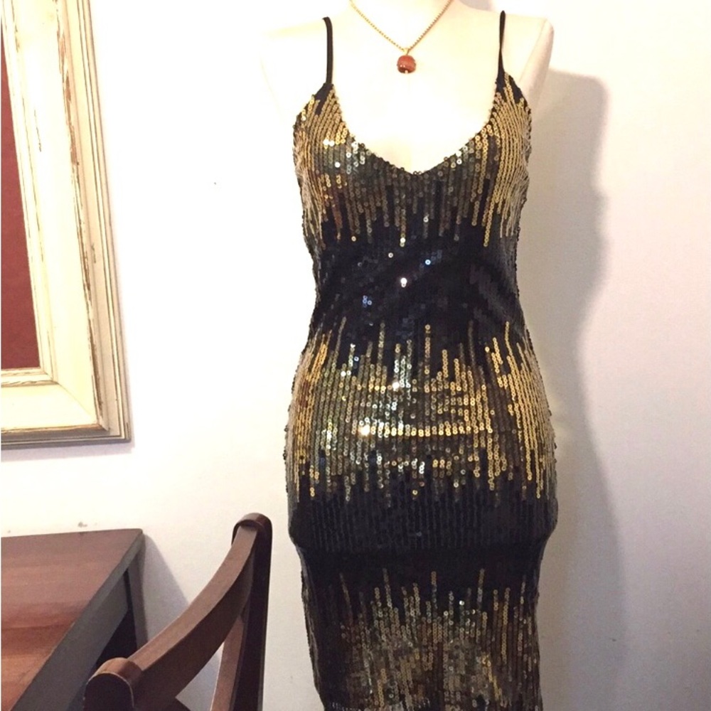 LUXE Evening  black and gold sequin Dress/ XS